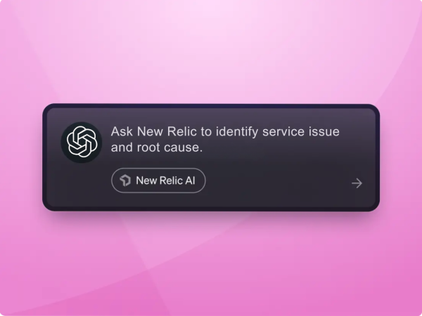 Agentic integration visual with the text "Ask New Relic to identify service issue and root cause."