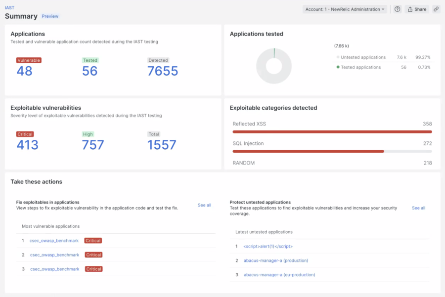 New Relic IAST summary view