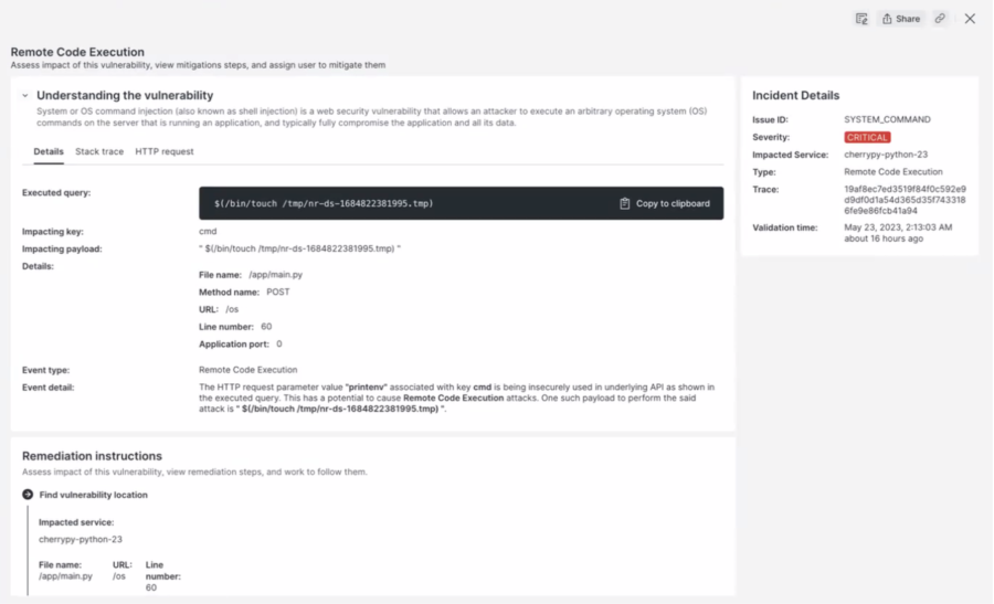 New Relic IAST UI showing proof of exploit